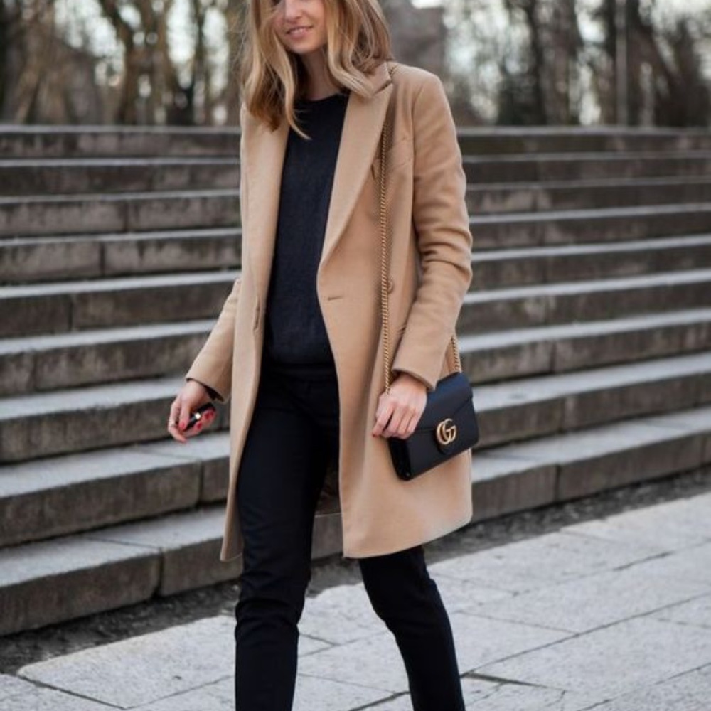 Camel khaki long trench peacoat tan button